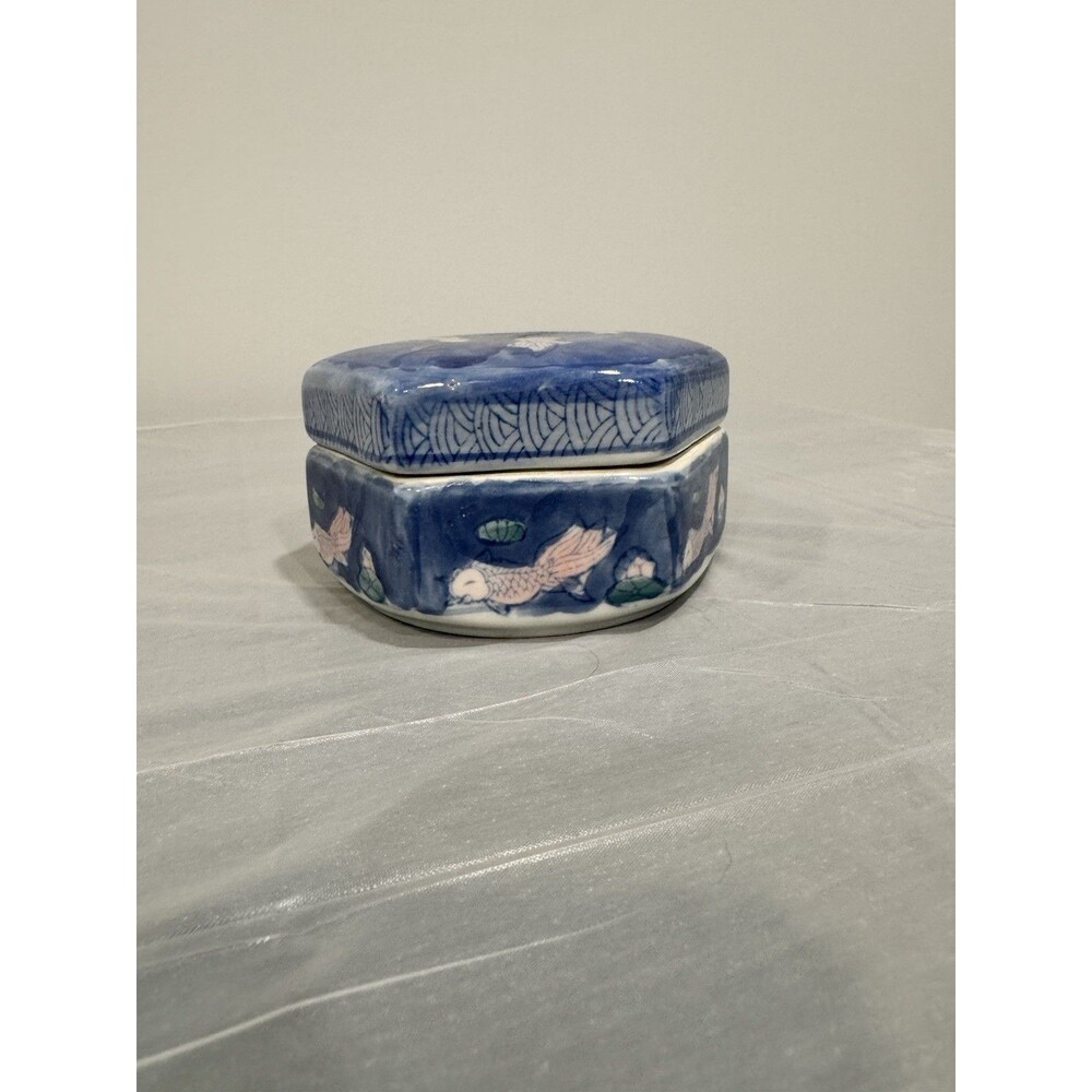 Antique Blue & White Ceramic Fish Trinket Box Hexagon Lidded Asian Style Decor